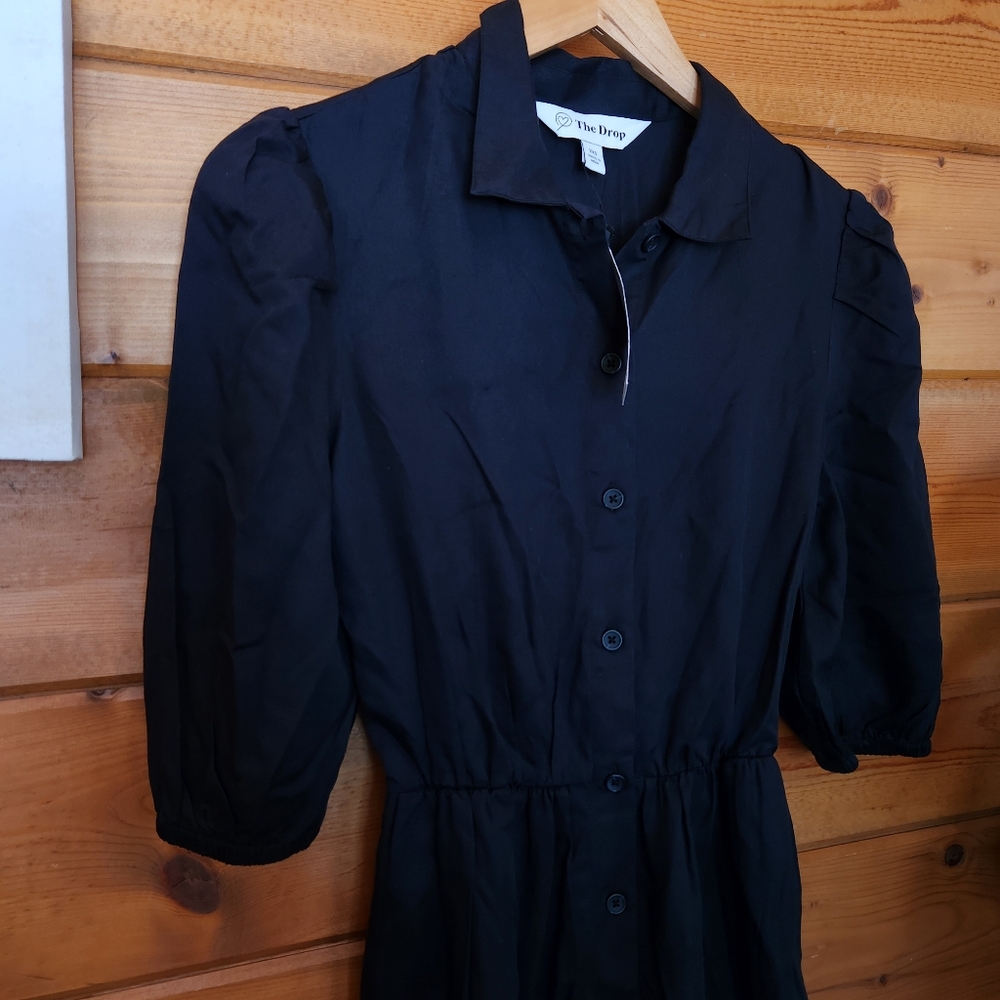 The Drop NWT Ellen Black Midi Puff Sleeve Shirt Dress Open Back Pockets Size XXS - Picture 2 of 10